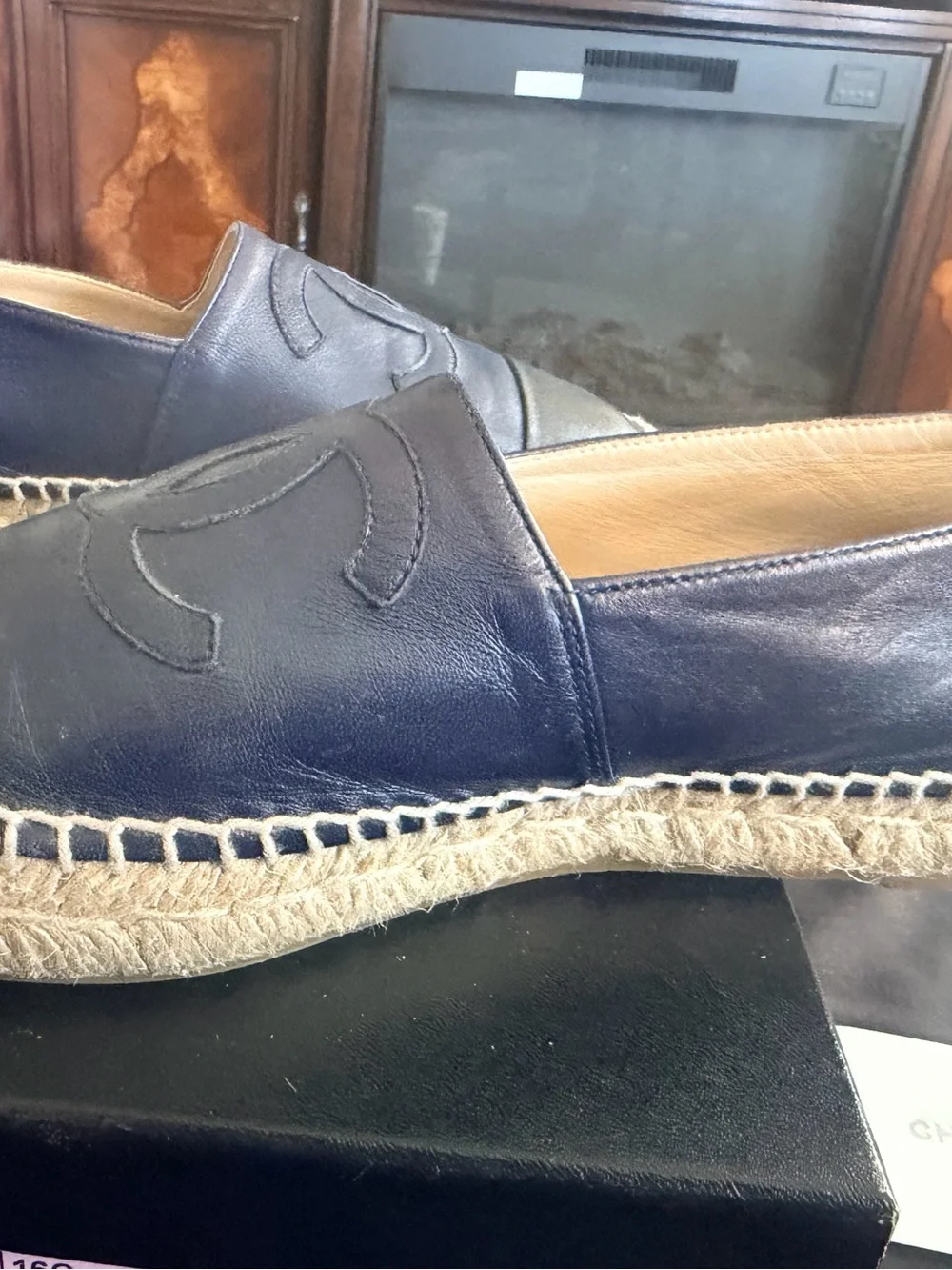 CHANEL Navy and Black Leather Espadrille Slip-Ons